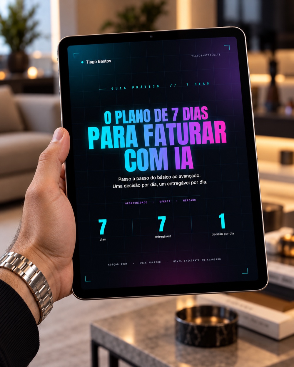 Tablet exibindo a capa do ebook O Plano de 7 Dias Para Faturar Com IA
